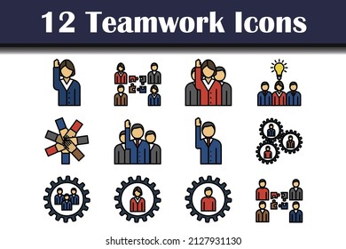 Teamwork Icon Set. Editable Bold Outline With Color Fill Design. Vector Illustration.