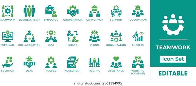 Teamwork Icon Set. Features editable icons for teamwork symbols, collaboration, cooperation, business team, employee, co-worker, and working together. Perfect for businesses, teams, and organizations.