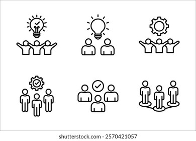 Teamwork Icon Set. Features editable icons for teamwork symbols, collaboration, cooperation, business team, employee, co-worker, and working, on a white background.