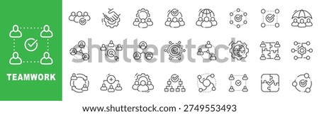  Teamwork icon set featuring collaboration, partnership, business networking, team coordination, and unity concepts in outline line style with editable stroke vector.
