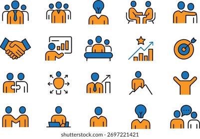 Conjunto de iconos de trabajo en equipo con personas en colaboración, asociación y trabajo en equipo. Simboliza reuniones de negocios, éxito, comunicación y desarrollo de proyectos.
