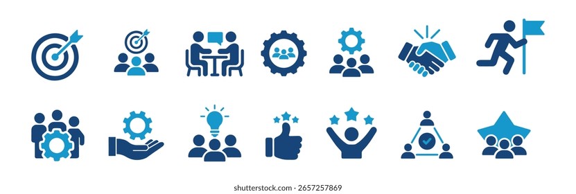 Teamwork icon set. Goal setting, team target, leadership, collaboration vector illustration