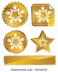 Teamwork Icon Set : Gold satin metal buttons in star, starburst, circle and sticker, label shapes.