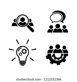 Teamwork icon set. Human resource icon. People talking icon.Idea icon - lamp bulb and gear. Search for employees. Magnifying glass with man inside. Group of people symbols. Teamwork abstract icons.