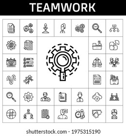 teamwork icon set. line icon style. teamwork related icons such as settings, agreement, brainstorm, hierarchical structure, team, employee, analysis, research, structure, clerk