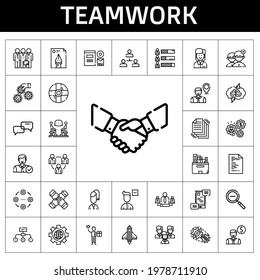 Teamwork-Symbol-Set. Zeilensymbol-Stil. Teamwork-bezogene Symbole wie Einstellungen, Handshake, hierarchische Struktur, Branding, Team, Diskussion, Mitarbeiter, Personen, Struktur, Entfernen des Benutzers