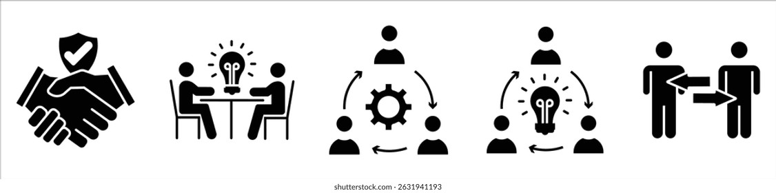 Ícone de trabalho em equipe definido no estilo de linha. trabalhando juntos. Ícone da equipe de negócios. Contendo colaboração, contrato, cooperação, pessoas, realização, parceria, unidade, aperto de mão, ajuda, gerenciamento, grupo
