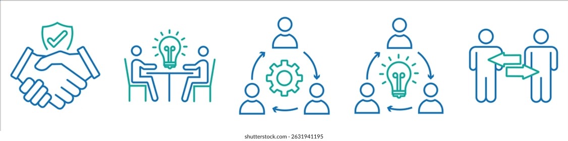 Symbol "Teamwork" im Linienstil festgelegt. Zusammenarbeit. Geschäftsteamsymbol. Enthaltend Zusammenarbeit, Vereinbarung, Zusammenarbeit, Menschen, Leistung, Partnerschaft, Einheit, Handschlag, Hilfe, Management, Gruppe