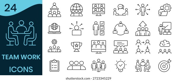 Conjunto de iconos de trabajo en equipo. Trabajo en equipo, gestión, negocios, colaboración, asociación, equipo, icono de la línea de éxito y más. Ilustración vectorial.