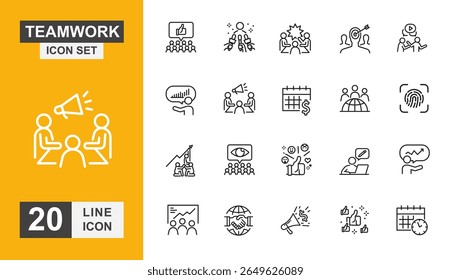 Ícone de trabalho em equipe definido. Reunião, estratégia, conceito, trabalho, assistência, líder, pessoas e mais ícone de linha. Ilustração vetorial.