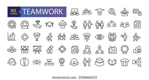 Conjunto de iconos de trabajo en equipo. Iconos de línea vectorial relacionados. Contiene iconos como Reunión, Lugar de trabajo, Comunicación empresarial, Estructura de equipo.