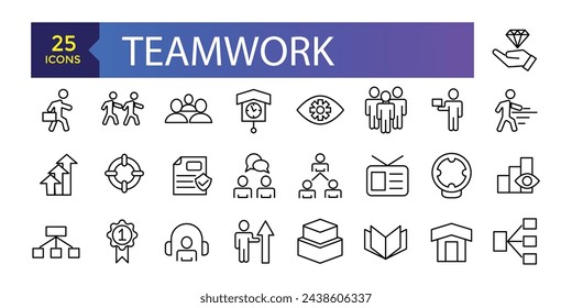Conjunto de iconos de trabajo en equipo. Iconos de línea vectorial relacionados. Contiene iconos como Reunión, Lugar de trabajo, Comunicación empresarial, Estructura de equipo.