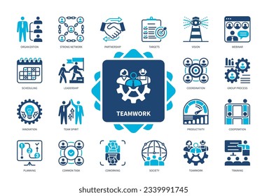 Teamwork icon set. Society, Productivity, Training, Planning, Strong Network, Coworking, Cooperation, Leadership. Duotone color solid icons