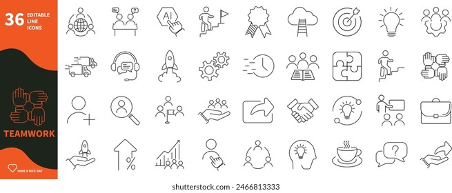 Teamwork icon. Set of symbols for cooperation, ideas, handshake, success,...