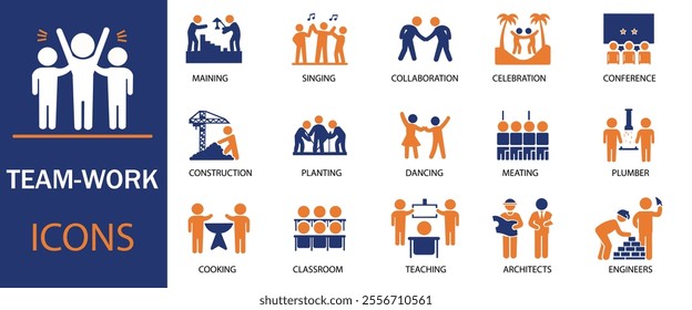 Teamwork icon set.  team working together symbol. Co-worker, cooperation and collaboration icons. Solid icons vector collection.