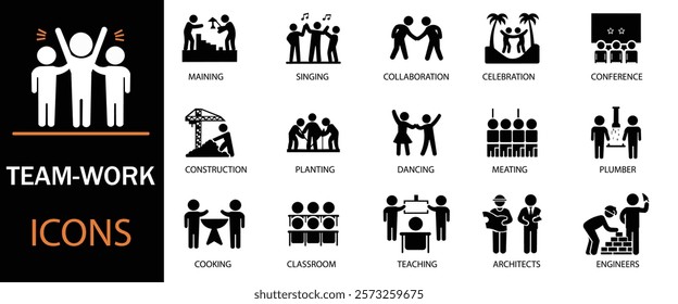 Teamwork icon set.  team working together symbol. Showcasing intricately designed representations of Co-worker, cooperation and collaboration icons. Solid icons vector collection.