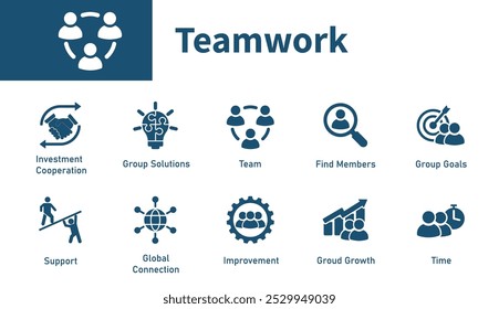 Teamwork icon. Set of thematic symbols about cooperation, solidarity, solutions, innovation, development, people. Solids vector symbol.