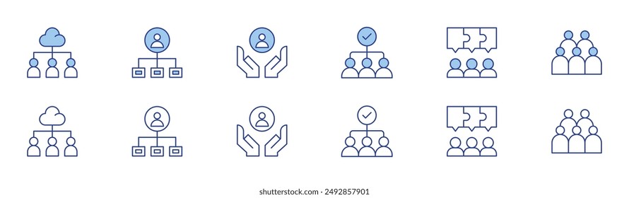Teamwork icon set in two styles, Duotone and Thin Line style. Editable stroke. teamwork, crowd, profile, structure, jigsaw.