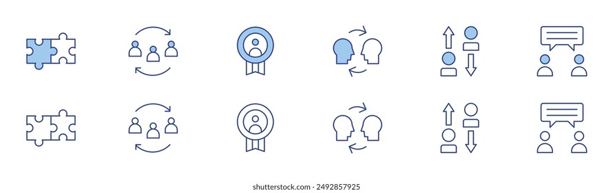 Teamwork icon set in two styles, Duotone and Thin Line style. Editable stroke. teamwork, team work, work, empathy, team, discussion.