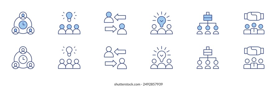 Teamwork icon set in two styles, Duotone and Thin Line style. Editable stroke. team work, creative team, deadline, idea, intermediary, shift.