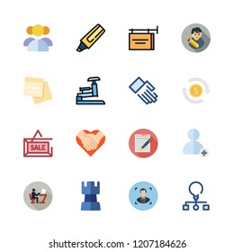 teamwork icon set. vector set about stapple, note, handshake and student icons set.