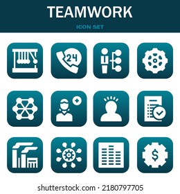 teamwork icon set. Vector  illustrations related with Newton cradle, 24h and Skills