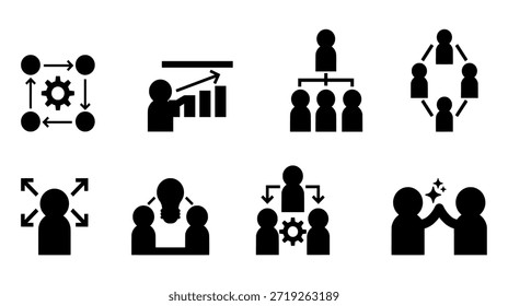 Conjunto de iconos de trabajo en equipo en estilo de silueta de Vector que muestra la colaboración, el liderazgo y los conceptos organizativos para las Plantillas de diseño de EPS.