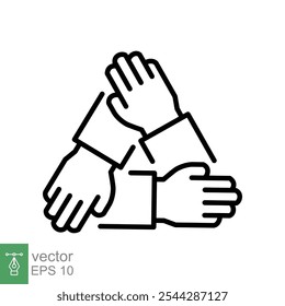 Icono de trabajo en equipo. Estilo de contorno simple. tres manos se Asistencia entre sí, trabajar juntos, grupo, concepto de colaboración. Ilustración vectorial de línea fina aislada sobre fondo blanco. EPS 10.