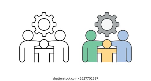 Teamwork icon – three people standing together with gear above them, symbolizing collaboration, shared effort, and working towards a common goal.