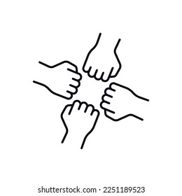 Icono de trabajo en equipo. Simulación y símbolo comunitario. Ayudando. Cuatro personas se unen a sus puños. Ilustración vectorial aislada.