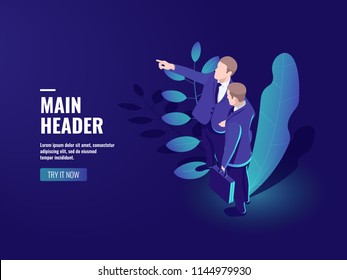 Teamwork Icon, Two Businessmen Are Talking, Team Leader, Successful People Concept, Education And Teaching, Personal Mentor And Instructor Coach Isometric Vector Dark Neon