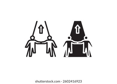 Teamwork icon with two people lifting arrow upward Vector