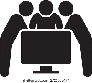 Icono de trabajo en equipo Ilustración vectorial. Tres personas mirando un monitor de computadora juntas. Colaboración, trabajo de oficina y símbolo de silueta de lluvia de ideas aislado sobre fondo blanco.