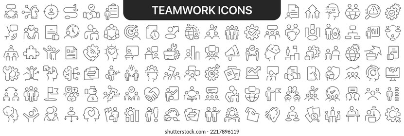 Teamwork icons collection in black. Icons big set for design. Vector linear icons