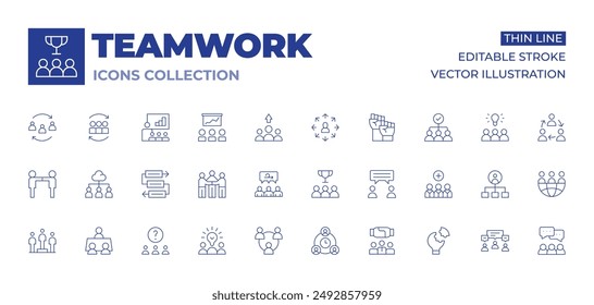 Colección de iconos de trabajo en equipo. Iconos de línea fina, trazo editable. trabajo en equipo, cooperación, flujo de trabajo, equipo creativo, gráfico, reunión, mediador, portavoz, pregunta, liderazgo, refrescar.