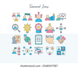 Teamwork icons in colored outline style, representing collaboration, communication, and unity for business, corporate, and project management themes.