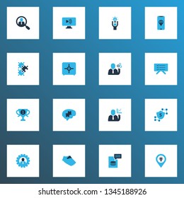 Teamwork icons colored set with blockchain, handshake, team location task manager elements. Isolated vector illustration teamwork icons.