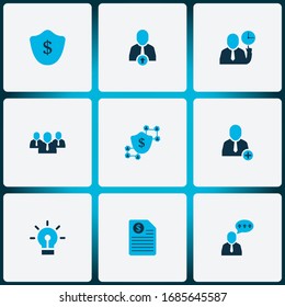 Iconos de trabajo en equipo coloridos con cadenas de bloqueo, idea, protección y otros elementos de bombilla. Iconos de trabajo en equipo de ilustraciones vectoriales aisladas.