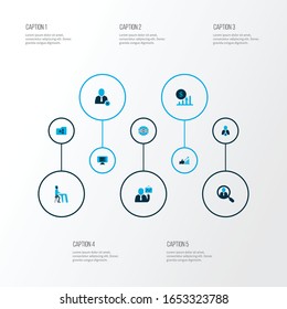 Teamwork icons colored set with coding, shared folder, gear and other find employee elements. Isolated vector illustration teamwork icons.
