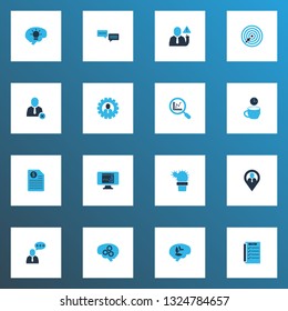 Teamwork icons colored set with coffee break, 5-star review, comments and other tea time elements. Isolated vector illustration teamwork icons.