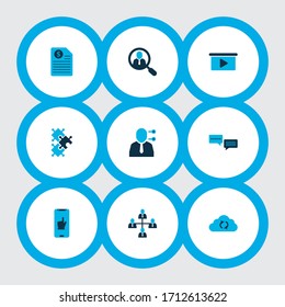 Teamwork icons colored set with team structure, search for workers, contract and other organization elements. Isolated vector illustration teamwork icons.