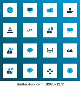Teamwork-Symbole mit Teamstruktur, Teamerfolg, freigegebenen Ordnern und anderen Zeitelementen. Einzige Vektorgrafik-Teamsymbole.
