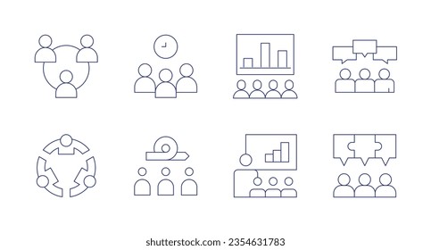 Iconos de trabajo en equipo. Trazo editable. Conteniendo trabajo en equipo, presentación, opinión, portavoz, solución.