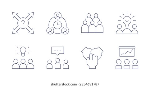 Teamwork icons. Editable stroke. Containing direction, deadline, crowd, creative team, idea, hands, graphic.