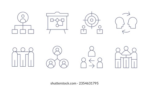 Teamwork icons. Editable stroke. Containing structure, strategy, goal, empathy, teamwork, team, mediator.