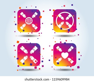 Teamwork icons. Helping Hands with globe and heart symbols. Group of employees working together. Colour gradient square buttons. Flat design concept. Vector