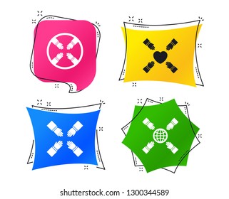 Teamwork icons. Helping Hands with globe and heart symbols. Group of employees working together. Geometric colorful tags. Banners with flat icons. Trendy design. Vector