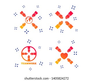 Teamwork icons. Helping Hands with globe and heart symbols. Group of employees working together. Random dynamic shapes. Gradient teamwork icon. Vector