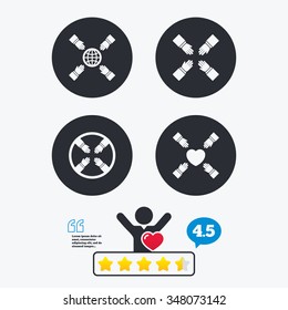 Teamwork icons. Helping Hands with globe and heart symbols. Group of employees working together. Star vote ranking. Client like and think bubble. Quotes with message.