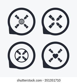 Teamwork icons. Helping Hands with globe and heart symbols. Group of employees working together. Flat icon pointers.